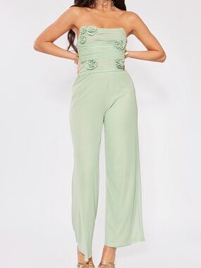 PrettyLittleThing Sage Green Strapless Rosette Wide-Leg Jumpsuit